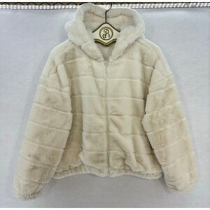 Stella Tweed Faux Fur Jacket XL‎ Ivory Cropped Hooded Zip Up Coat Mob Wife Glam
